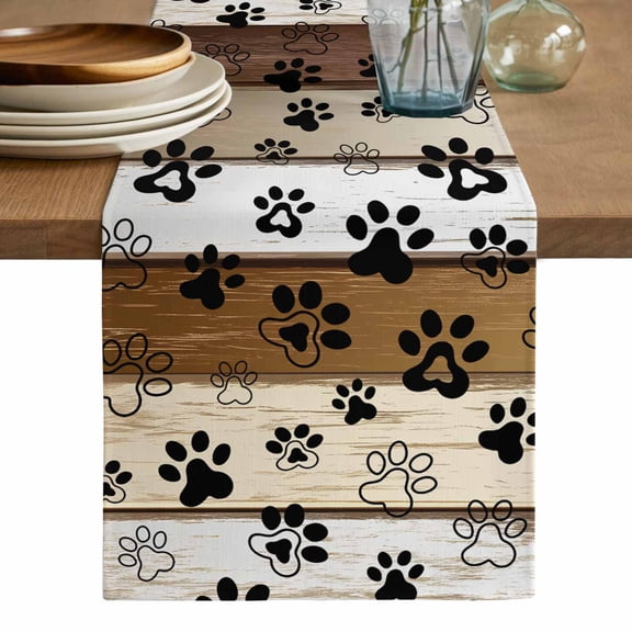 Brown Beige Farmhouse Table Runner, Black Dog Paw Vintage Wooden Washable Cotton Linen Table Runners 36 Inches Long, Dresser Scarf Runner for Nightstand/End Tables/Round Tables 13''x36''