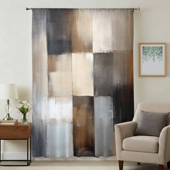 Brown Beige Geometric Sheer Curtains 54 Inches Long, Abstract Oil Painting Color Blocks Light Filering Curtains, Breathable Simi Curtain Privacy Drapes for Kitchen Bathroom Small Window Treatment