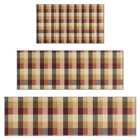 Brown Beige Green and Red Checkered Pattern Kitchen Rugs Sets Of 3,Kitchen Runner Rugs Non Skid Washable,Decorative Kitchen Floor Mats for Kitchen,Sink,Laundry,17"x30"+ 17"x47" + 17"x59"