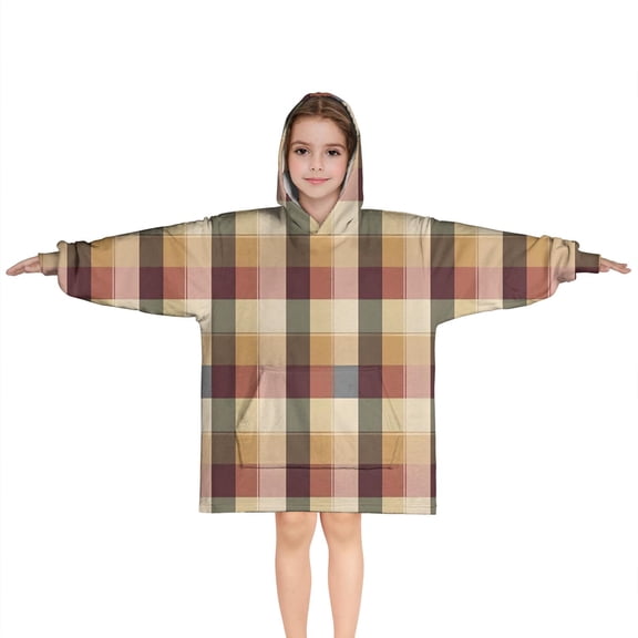 Brown Beige Green and Red Checkered Pattern Blanket Hoodies for Kids 6-13YR Oversize Wearable Blanket Hoodies for Boys Girls Teens