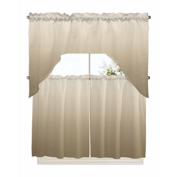 Brown Beige Kitchen Curtain and Valance Set 3 Pieces, Rod Pocket Short Tier Curtains 36 Inch Length, Gradient Monochrome Modern Country Swag Topper Small Window Treatment for Cafe Bathroom Bedroom