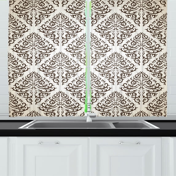 Brown Beige Kitchen Curtains, Damask Like Old Vintage Design Floral Inspiration Nostalgic Rococo Print, Two Panels Drapes with Rod Pocket Room Decor, 55" X 45", Dark Taupe White, by Ambesonne