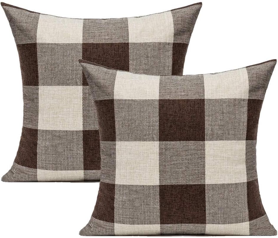 Brown Beige Outdoor Farmhouse Buffalo Plaids Decorative Throw Pillow