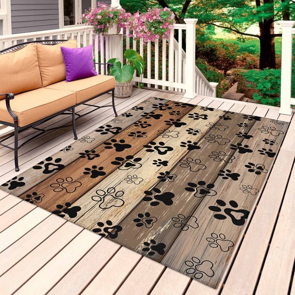 Brown Beige Outdoor Rug 4x6 Ft, Non Slip Washable Area Rug, Rustic Farmhouse Dog Paw Vintage Patio Rugs Carpet Runner, Large Floor Mat for Indoor/Outdoor Deck Porch Camping