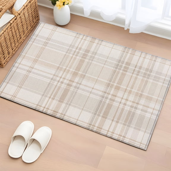 Brown Beige Plaid 2'x3' Rug for Entryway Front Door Kitchen Sink Area, Buffalo Checkered Farmhouse Low Pile Washable Non Slip Rectangle Area Rug
