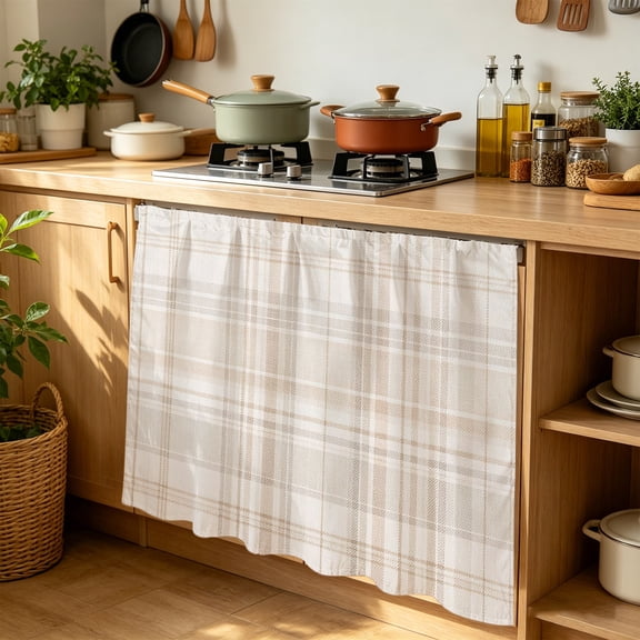 Brown Beige Plaid Cabinet Curtains for Kitchen 35"W x 35"L, Buffalo Checkered Farmhouse Laundry Sink Cabinets Magic Tape Short Curtain Privacy Panel for Bathroom Vanity Cabinets