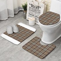 Brown Beige Plaid Checkered Pattern Bathroom Rugs Sets 3 Piece,Toilet Cover Set,Absorbent Non Slip Bathroom Mats Sets with U-Shaped Contour Rug Toilet Rug Set