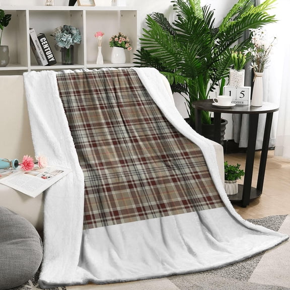 Brown Beige Plaid Checkered Pattern Blanket,Comfortable Soft Lamb Wool Throw Blanket,All Season,Warm Lightweight Blankets for Sofa Bed Couch Living Room Chair,50"x60"