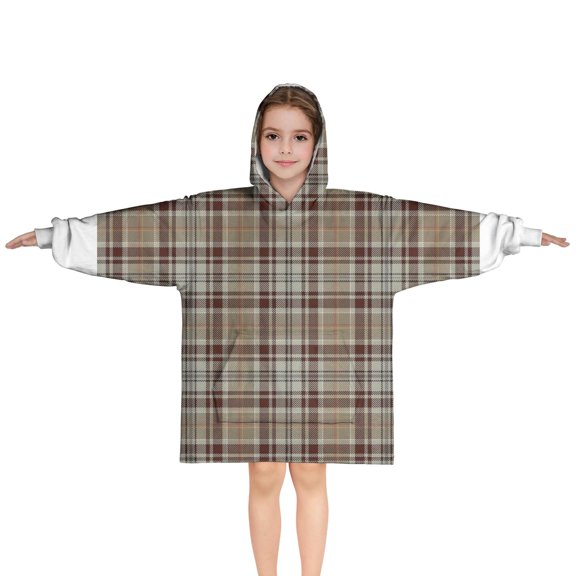Brown Beige Plaid Checkered Pattern Blanket Hoodies for Kids 6-13YR Oversize Wearable Blanket Hoodies for Boys Girls Teens