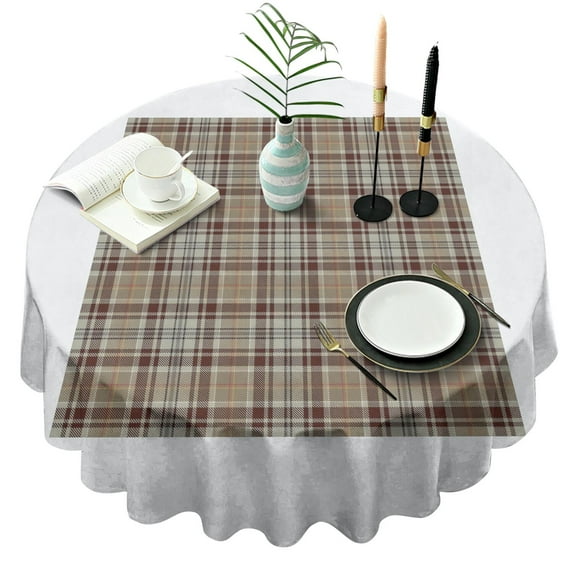 Brown Beige Plaid Checkered Pattern Round Tablecloth 60"x60",Wrinkle Wipeable Table Cloth for Kitchen Dining Room Picnic Patio Party