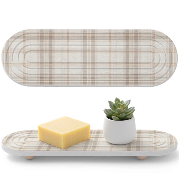 Brown Beige Plaid Diatomaceous Earth Coasters, Farmhouse Buffalo Checkered Water Absorbent Diatomite Coaster, Bathroom Tray Stone Dish Drying Mat Kitchen Sink Tray 12x4in
