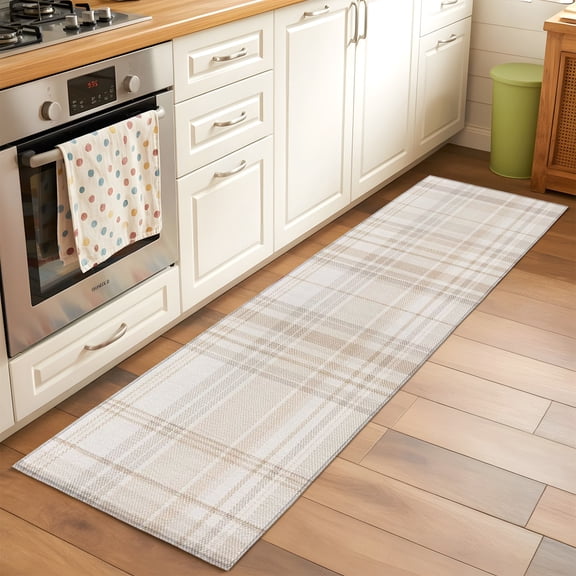 Brown Beige Plaid Hallway Washable Runner Rug 2x6 Buffalo Checkered Farmhouse Kitchen Runner Mat with Non Slip Backing Low Pile Thin Floor Carpet for Indoor Laundry Bedroom Bathroom Living Room