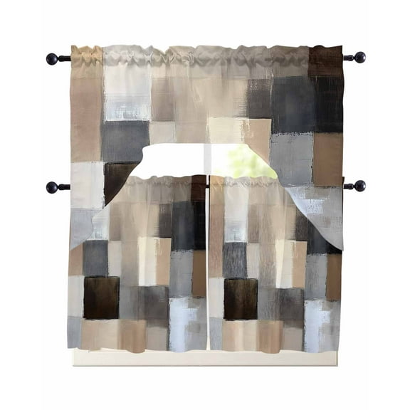 Brown Beige Plaid Kitchen Curtains Sets 24 Inch Length with Valance, Abstract Oil Painting Checkered Swag Valances and Tiers Curtain Set Drapes Swag Curtains for Living Room, Bathroom, Bedroom, Cafe