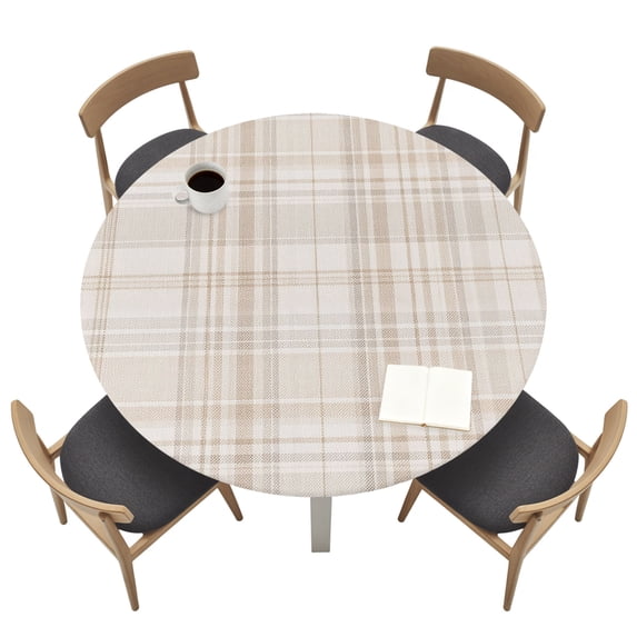 Brown Beige Plaid Round Fitted Table Cover Buffalo Checkered Farmhouse ...