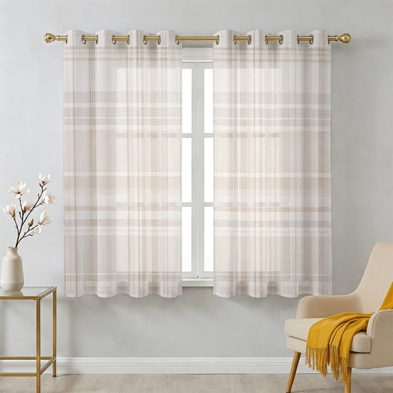 Brown Beige Plaid Sheer Curtains 45 Inch Long 2 Panels, Buffalo ...