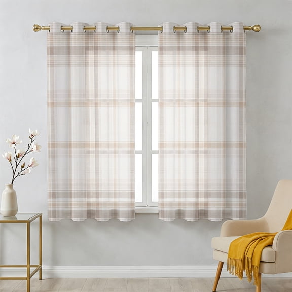 Brown Beige Plaid Sheer Curtains 45 Inch Long 2 Panels, Farmhouse Buffalo Checkered Light Filtering Semi Sheer Drapes Grommet Voile Window Curtain for Living Bedroom W42 x L45