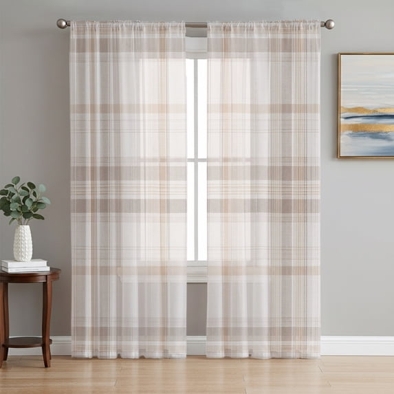 Brown Beige Plaid Sheer Curtains 84 Inches Long, Farmhouse Checkered Buffalo Light Filtering Window Curtains for Living Room/Bedroom, Rod Pocket Voile Sheer Curtain Drapes, 52"W x 84"L, 2 Panels