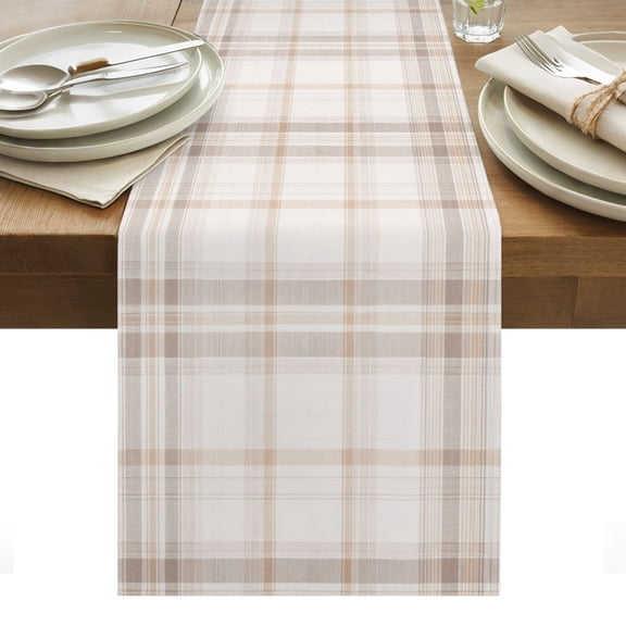 Brown Beige Plaid Table Runner, Farmhouse Buffalo Checkered Cotton Linen Kitchen Dining Table Runner Cloth Dresser Scarf Decoration for Party Home Decor 13x70in