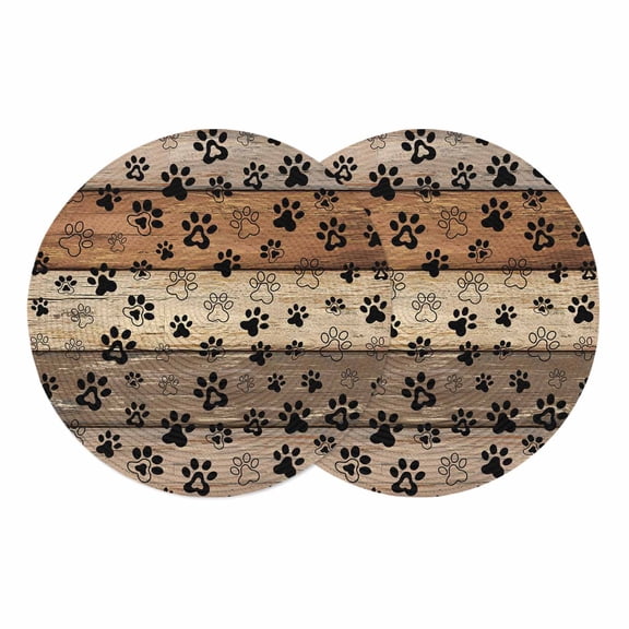 Brown Beige Round 13 Inch Placemats Set of 2, Rustic Farmhouse Dog Paw Vintage HeatResistant Non Slip Place Mats for Dining Table, Wipeable Braided Kitchen Table Mats for Housewarming