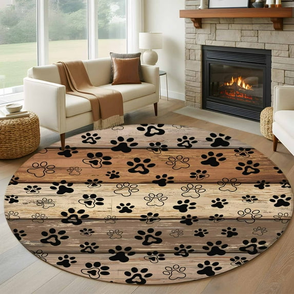 Brown Beige Round Rug 7ft Washable Circle Rugs Non Slip Rustic Farmhouse Dog Paw Vintage Large Area Rug Indoor Floor Carpet for Bedroom Kitchen Living Room Home Office Dining Room Nursery