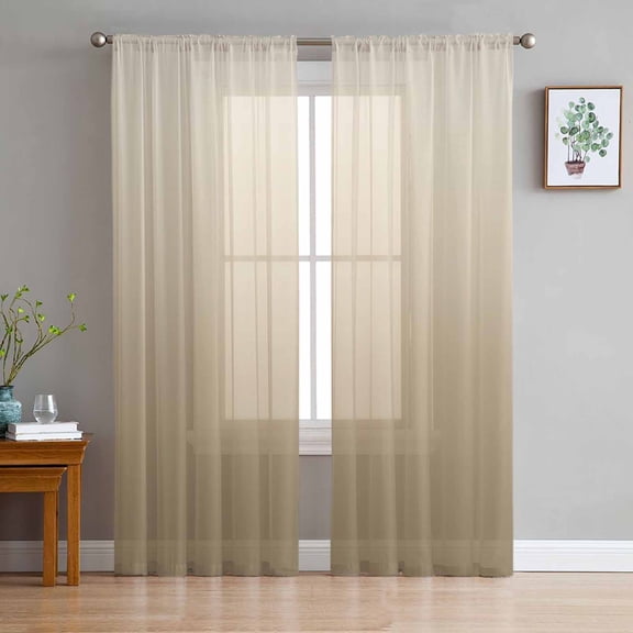 Brown Beige Semi Sheer Curtains 63 Inch Length 2 Panels Set, Gradient Monochrome Modern Country Sheer Kitchen Curtain Privacy Voile Window Curtain for Living Room Bedroom Rod Pocket Drapes