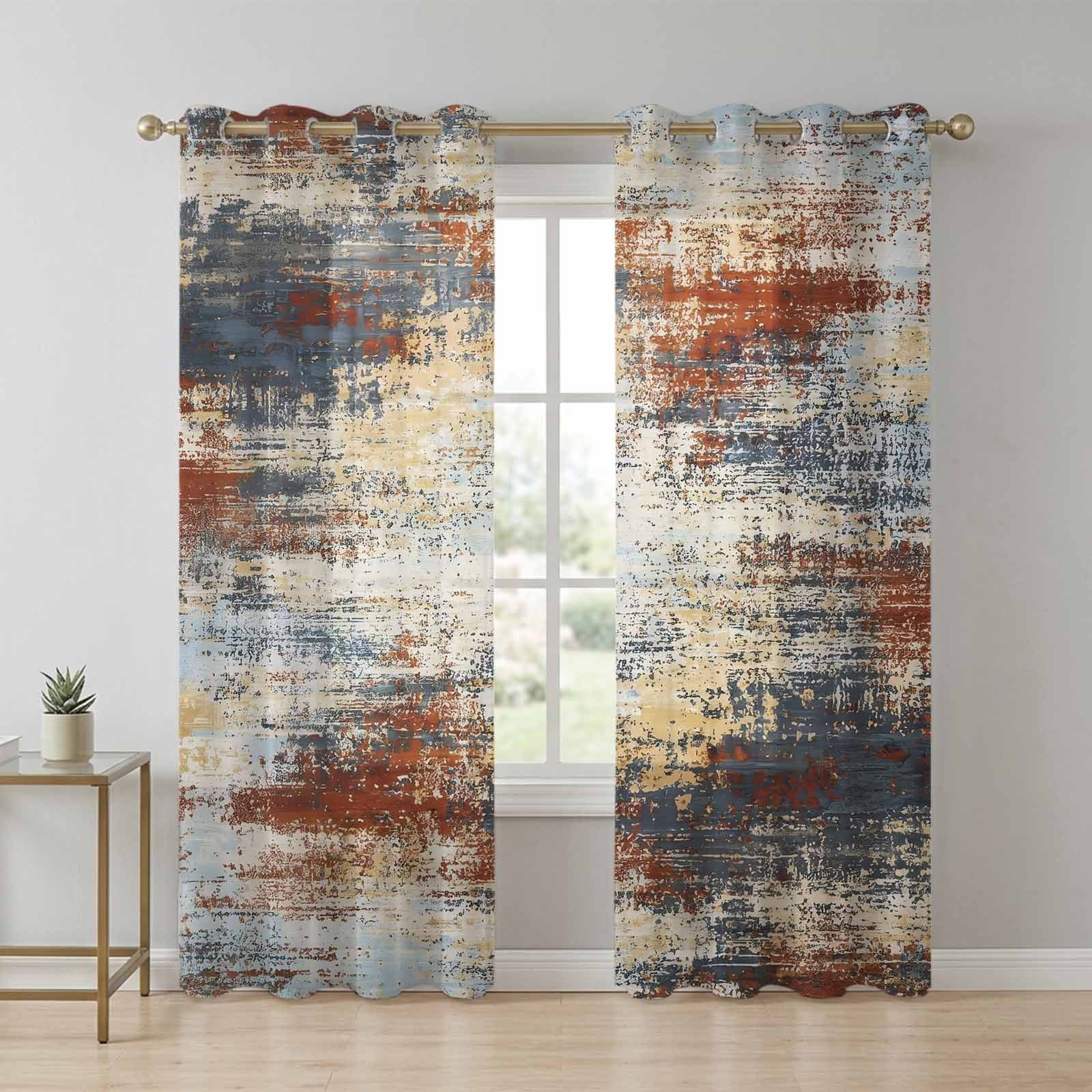Brown Beige Sheer Curtains 84 Inch Long 2 Panels, Gray Abstract Smoky ...
