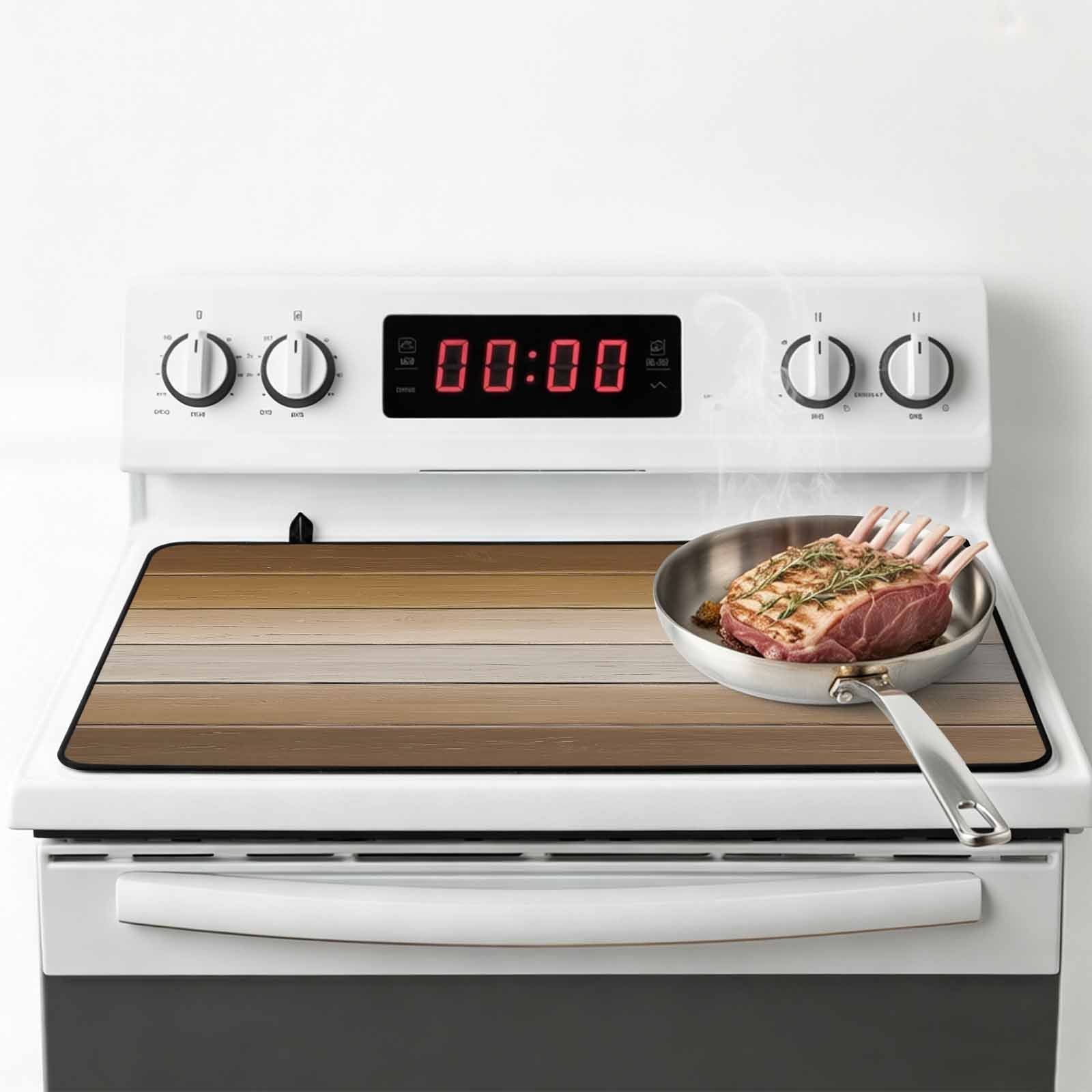 Brown Beige Stove Top Cover for Electric Stove, Heat-proof & Non Slip Glass Top Stove Cover Protector, Farmhouse Vintage Gradient Wooden Grain Kitchen Flat Cooktop Rubber Mat 36x21 Inches
