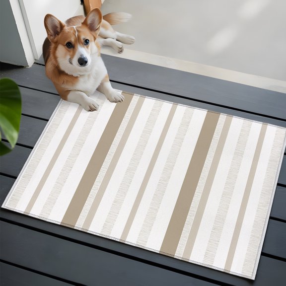 Brown Beige Stripe Small Area Rugs 2x3 Modern Minimalist Geometric Vertical Bands Entryway Rugs Washable Door Mat, Low-Profile Area Rugs Non Slip Floor Carpet for Living Room Bedroom Home Office