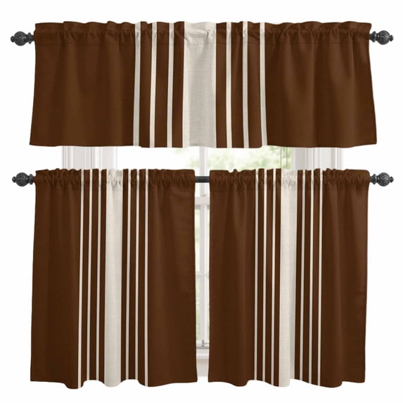 Brown Beige Striped Kitchen Curtains Sets for Windows 24 Inch Length, Modern Farmhouse Retro Lines Rod Pocket Window Treatments Tier Curtains and Valances Set for Bedroom/Bathroom