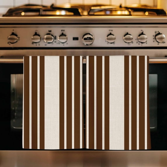 Brown Beige Striped Kitchen Towels Set of 2, Modern Farmhouse Retro Lines Absorbent Dish Towels for Kitchen, Microfiber Hand Towel, Quick Drying Tea Towel for Cleaning Decorative Dishcloths