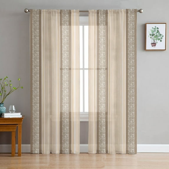 Brown Beige Striped Sheer Curtains 96 Inches Long 2 Panels Set, Window Sheer Curtains for Living Room/Bedroom, Boho Ethnic Modern Abstract Art Light Filtering Rod Pocket Curtain 52'' x 96'' x 2