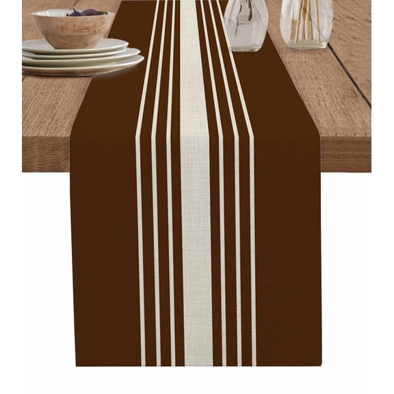 Brown Beige Striped Short Table Runners 36 Inches, Cotton Linen Fabric Table Runner Dresser Scarf, Farmhouse Retro Lines Modern Tablerunner for Party/Kitchen/Dinner/Wedding Decor 13''x36''