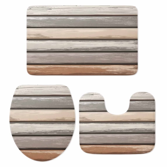 Brown Beige Stripes Bath Mat 3 Piece Bathroom Rug Set, Geometric Painting Neutral Textured Non Slip Bath Rug Contour Mat and Toilet Lid Cover, Absorbent Shower Mats Soft Bath Rugs and Mats Sets