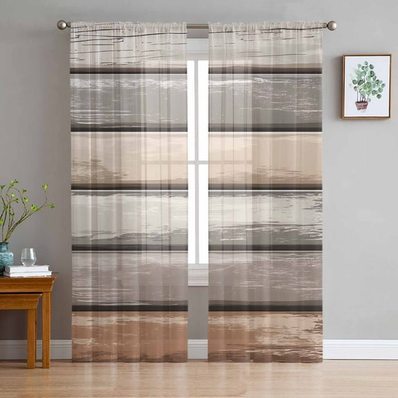 Brown Beige Stripes Semi Sheer Curtains 84 Inch Length 2 Panels Set, Geometric Painting Neutral Textured Sheer Kitchen Curtain Privacy Voile Window Curtain for Living Room Bedroom Rod Pocket Drapes
