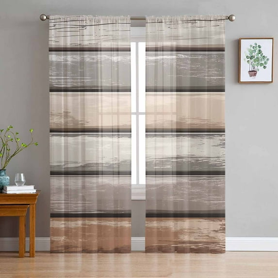 Brown Beige Stripes Sheer Curtains 96 Inch Length 2 Panels Set for Living Room/Bedroom, Geometric Painting Neutral Textured Curtain Sheers Drapes Rod Pocket Curtains Window Treatment Set 52''x96''x2