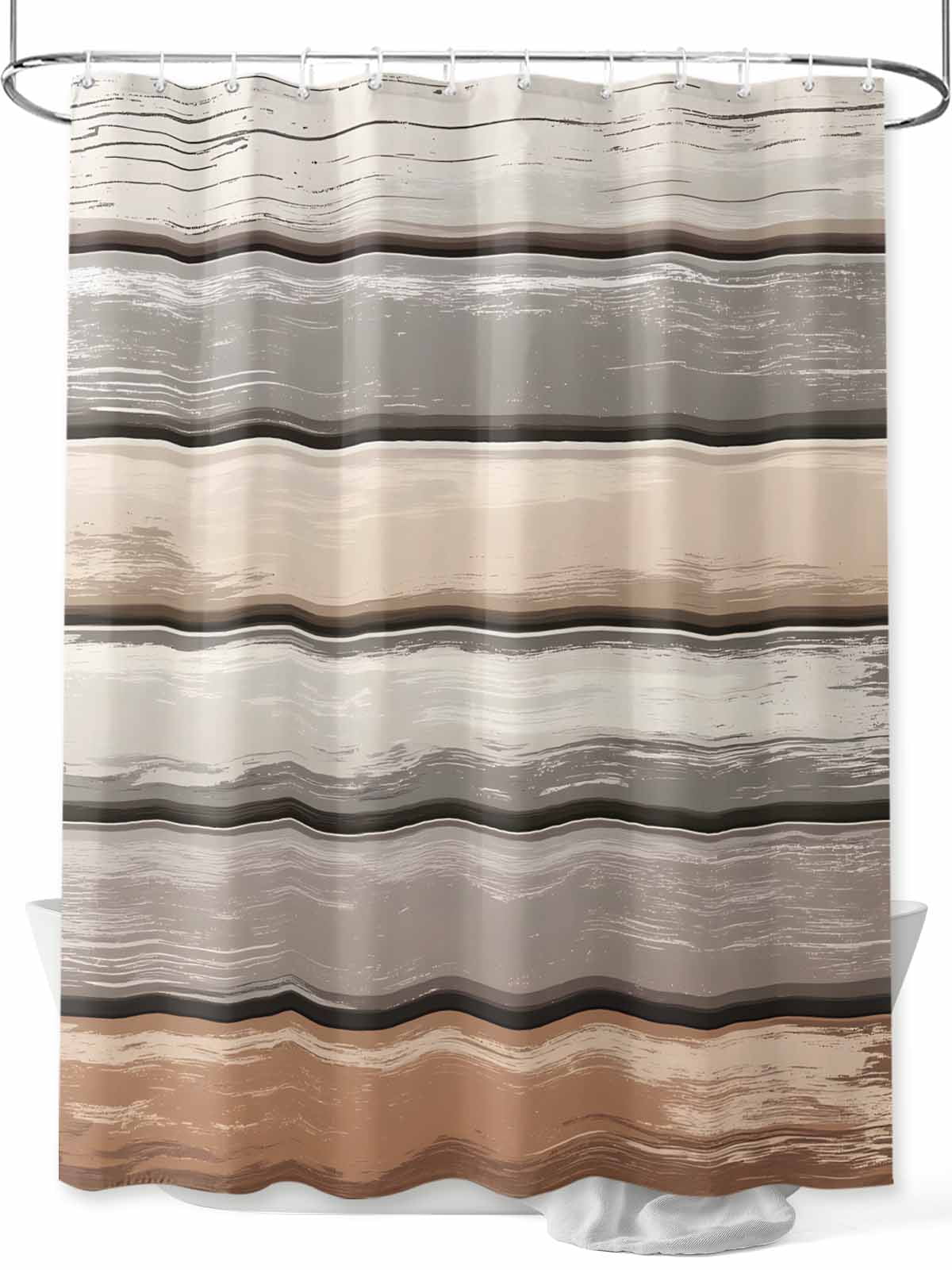 Brown Beige Stripes Shower Curtain Set, Waterproof Shower Curtains for Bathroom, Geometric Painting Neutral Textured Washable Fabric Cloth Bath Curtain for Bathtub Decoration with Hooks 48x72 Inches