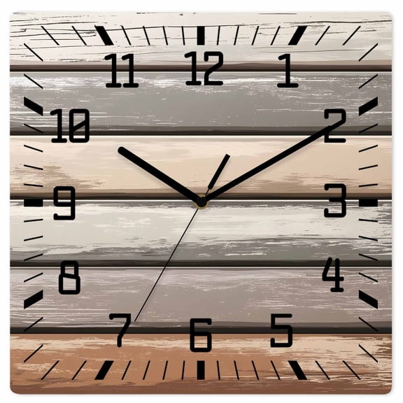 Brown Beige Stripes Wooden Wall Clock Silent Non Ticking, Geometric Painting Neutral Textured Square Wall Clocks Battery Operated, Decor Clock for Home Office, Living Room, Kitchen, 12 Inch