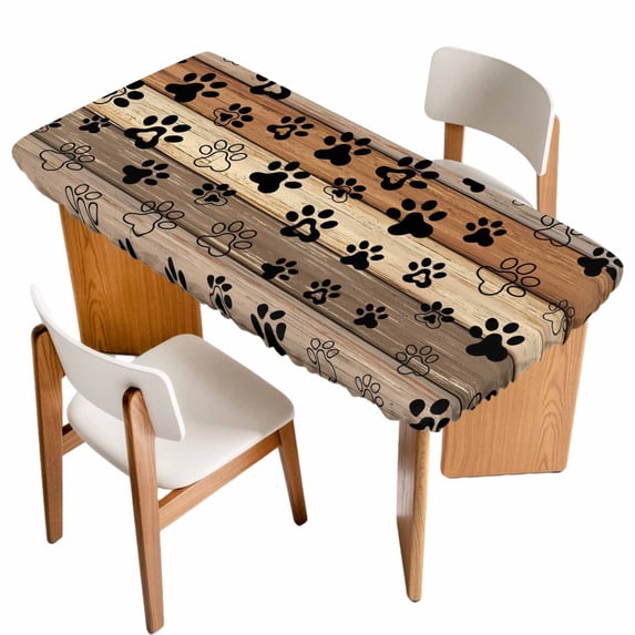 Brown Beige Table Cloths for 4 Foot Rectangle Tables, Rustic Farmhouse Dog Paw Vintage Patio Waterproof Elastic Fitted Tablecloths, Washable Rectangular Table Cover for Camping