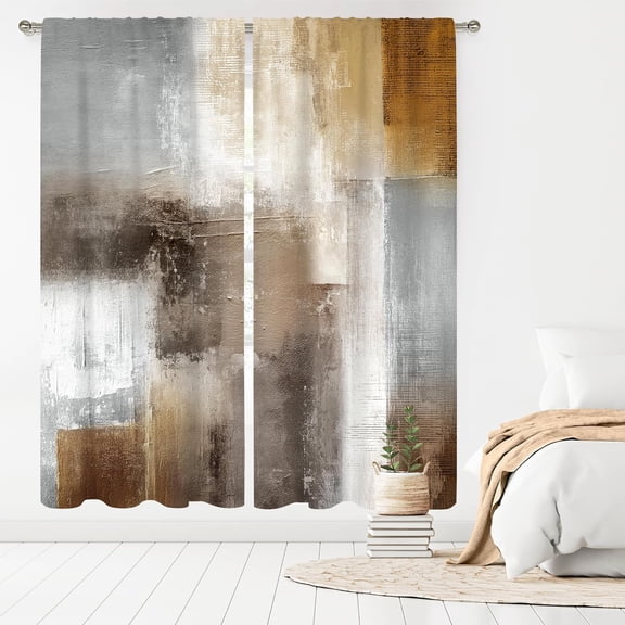 Brown Beige Tan Curtains 42Wx63H Inch Rod Pocket Rustic Vintage Earth Tone Oil Painting Bedroom Window Drapes Aesthetic Modern Neutral Printed Living Room Window Treatment