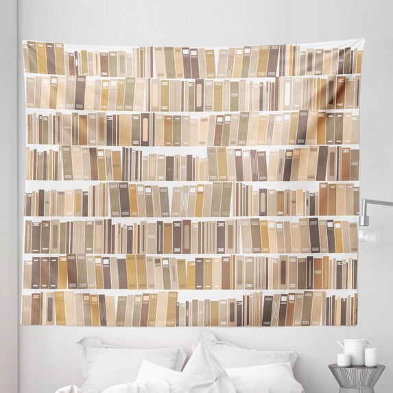 Brown Beige Tapestry, Book Shelf Sequence Long Queue Library Reading Illustration, Fabric Wall Hanging Decor for Bedroom Living Room Dorm, 5 Sizes, Umber Caramel and White, by Ambesonne