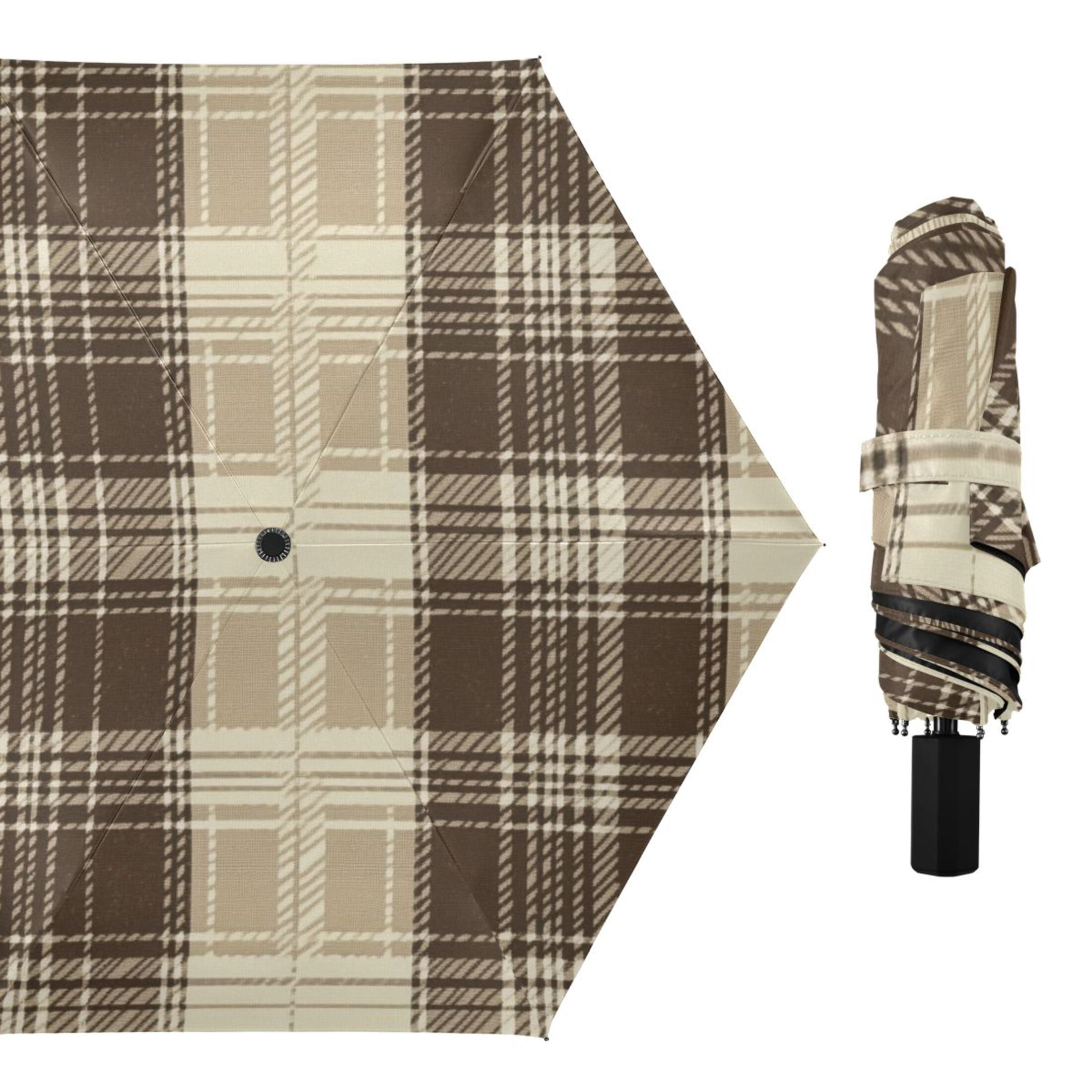 Brown Beige Tartan Plaid All Weather Umbrella Triple Folding Parasol 6 ...