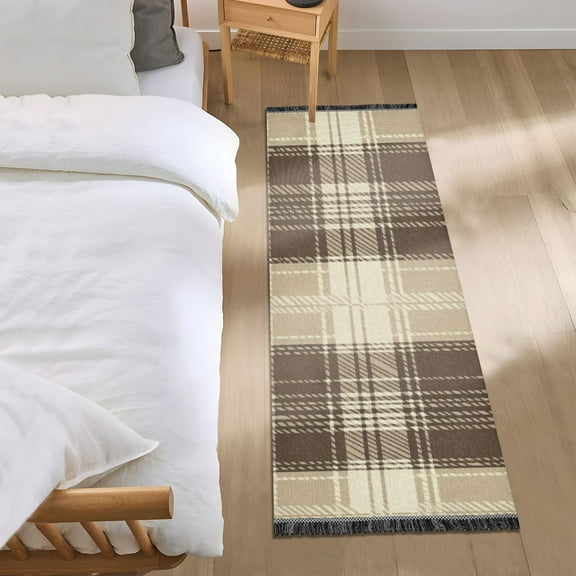 Brown Beige Tartan Plaid Bedside Runner Rug 2'x 6' Non Slip Carpet Floor Mat Area Rug