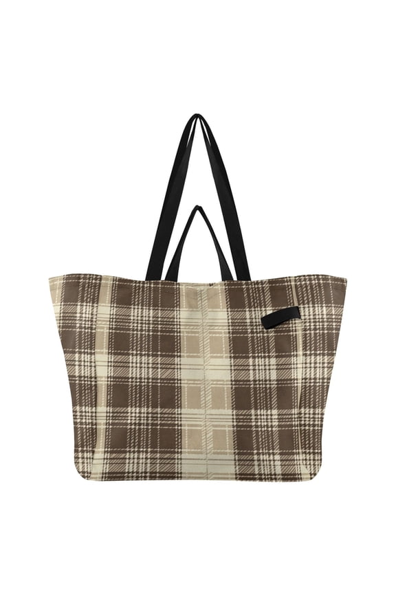 Brown Beige Tartan Plaid Foldable Canvas Tote Bags Reusable Grocery Bags Laundry Bags Beach Bag 32L