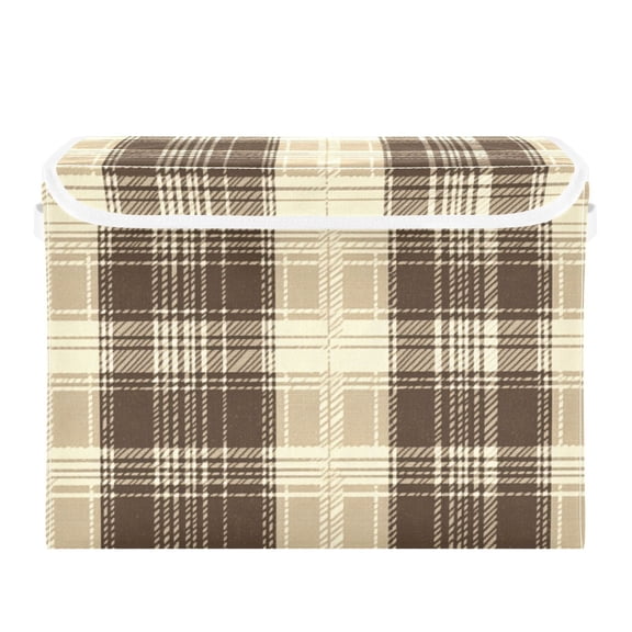 Brown Beige Tartan Plaid Foldable Storage Bin with Lid and Handle Collapsible Storage Box 16.5 x 12.6 x 11.8 inches