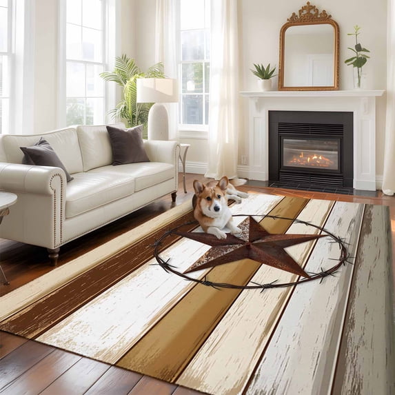 Brown Beige Texas Star Area Rug 5x8 FT, Non Slip Bedroom Throw Carpet, Vintage Stars Wooden Washable Soft Floor Carpet Non-Shedding Rug for Living Room Nursery Dorm Office