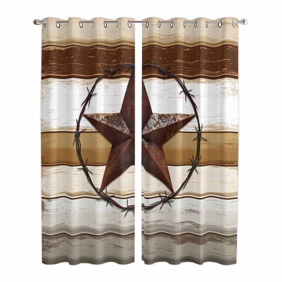 Brown Beige Texas Star Kitchen Curtains 84 Inch Length, Vintage Stars Wooden Grommet Top Bedroom Living Room Curtains, Light Filtering Cafe Curtain Drapes 2 Panels Set 84''x84''