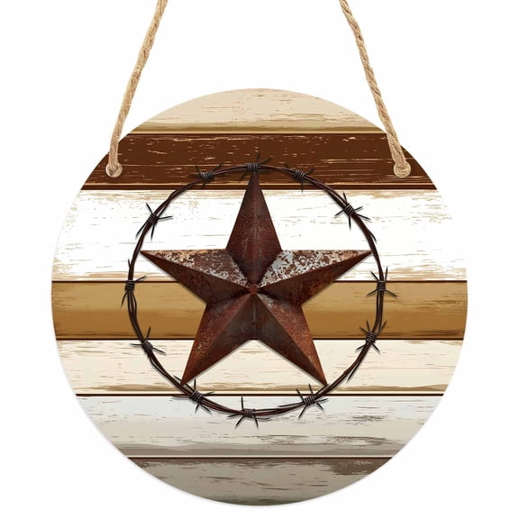 Brown Beige Texas Star Round Front Door Welcome Sign, 5.9 Inch Wall Hanging Decor for Indoor Outdoor, Vintage Stars Wooden Home Porch Hanger Decorations for Holiday Gift