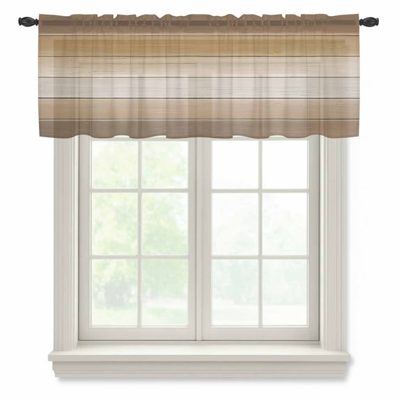 Brown Beige Valance Curtains for Kitchen/Living Room/Bathroom/Bedroom Window, Rod Pocket Small Topper Half Short Window Curtains Voile Sheer Scarf, Farmhouse Vintage Gradient Wooden Grain 60"x18"