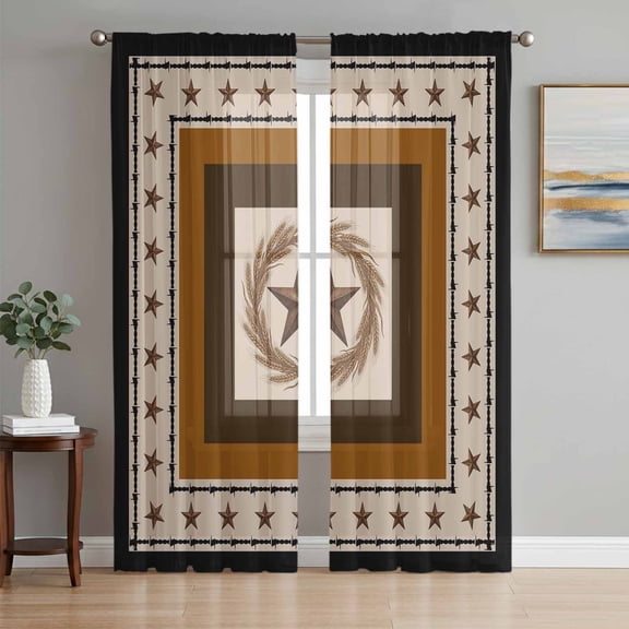 Brown Beige Western Sheer Curtains 63 Inch Length 2 Panels Set, Vintage Texas Stars Country Wheats Voile Window Treatment Rod Pocket Curtains Sheers Drapes for Bedroom/Living Room/Kitchen 52x"63"x2