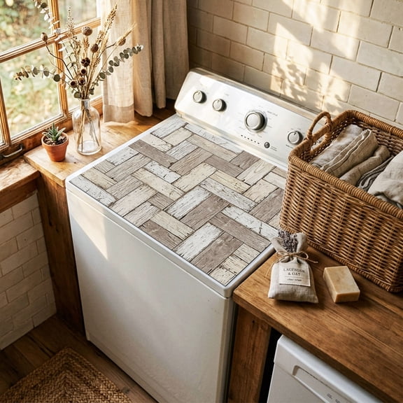 Brown Beige Wood Grain Washer and Dryer Topper Dustproof Dryer Top Protector Mat Non Slip Farmhouse Vintage Shabby Geometric Washing Machine Top Cover Pad for Laundry Room Kitchen 23.6" x 19.7"